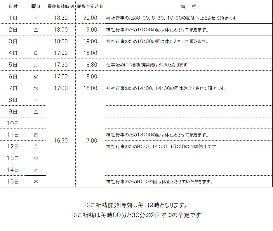 令和８年正月　最終祈祷時刻ならびに閉殿予定時刻